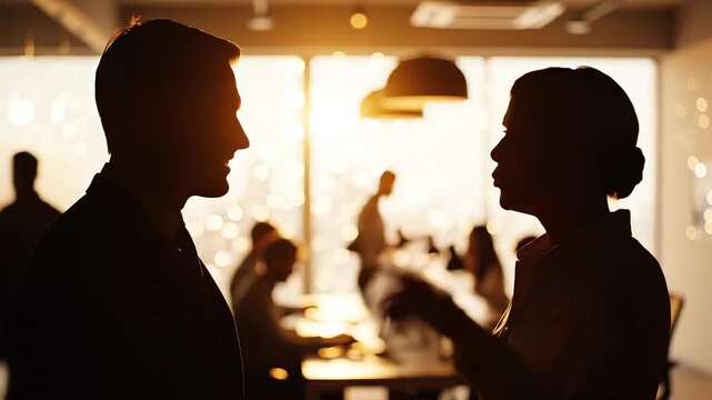 Silhouettes of business professionals talking in modern office with warm natural light and busy background