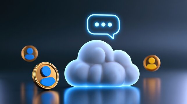 A glowing 3D cloud icon with a chat bubble above it, surrounded by user profile icons, representing cloud communication and digital interaction.