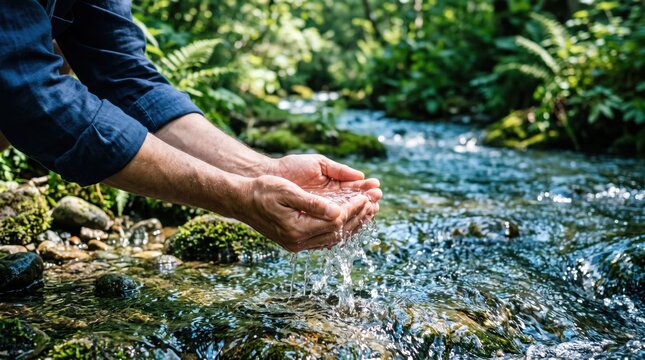 Close up of man hands cupping fresh clear water from natural stream in forest, of hydration, purity, survival, outdoor adventure, drinking clean spring water directly from river