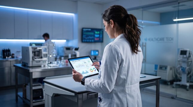 Female doctor or researcher in lab coat holding tablet computer with charts and graphs, analyzing medical data in high tech healthcare facility, digital health technology