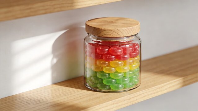 Clear Glass Candy Jar with Wooden Lid on Shelf
