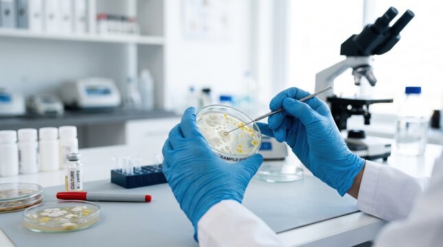 Close-up of a microbiologist analyzing bacterial colonies on a petri dish with an inoculation loop in a bright laboratory setting, focusing on microbiology and infection control.