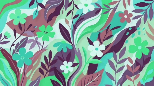 A cool-toned 70s style seamless vector pattern with wavy abstract lines, mint green background accents, teal flowers, and dark violet leaves. Great for artistic paper products, home decor fabrics, dig