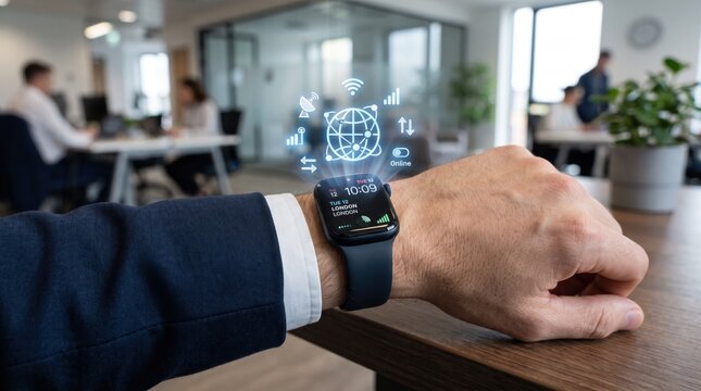 Businessman using smartwatch with global network connection hologram, digital communication, wireless internet technology, wearable device for remote work and online business