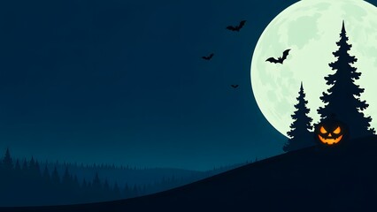 Fototapeta premium A spooky and enchanting halloween night scene with a glowing jack o' lantern silhouetted trees a full moon and flying bats creates a festive and
