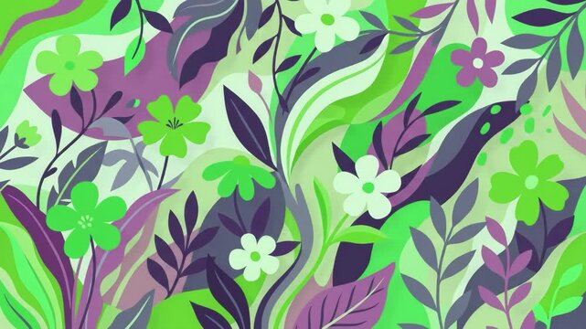A dynamic 70s retro floral pattern featuring abstract flowing waves in lime green, dark purple foliage, and vibrant blossoms. Perfect for bold surface pattern design, apparel prints, modern stationery