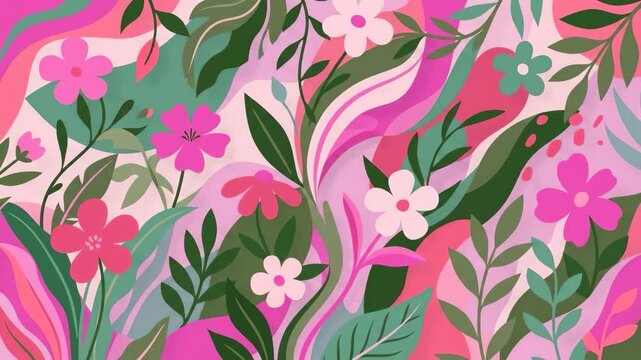 A vibrant 70s-inspired retro floral vector pattern featuring flowing pink wavy lines, stylized blossoms, and rich green leaves. Ideal for retro fashion textiles, boho wallpaper, decorative gift wrappi