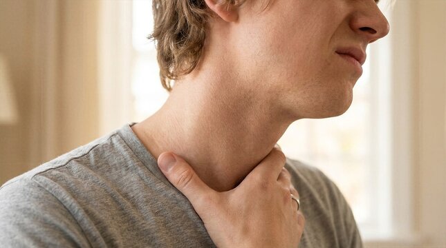 Close up of young man touching his neck experiencing sore throat difficulty swallowing or thyroid problem
