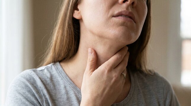 Unrecognizable adult woman holding her sensitive neck suffering from severe sore throat or painful tonsillitis