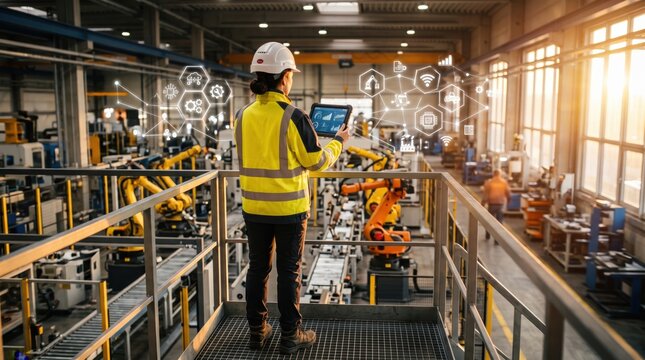 Female engineer in safety gear using tablet to control robotic assembly line in modern smart factory, illustrating industrial automation and engineering management.