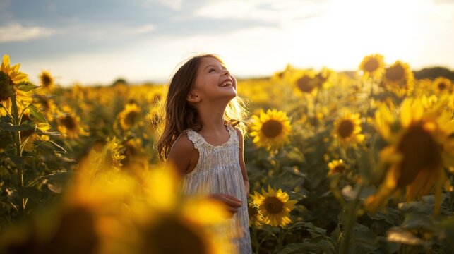 7.Happy young girl in sunflower meadow at golden hour, wearing light summer dress, laughing and looking up, sunflowers filling frame in every direction, warm backlight creating halo effect, vibrant