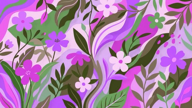 Beautiful seamless floral pattern with purple and pink flowers, botanical leaves, and abstract wavy lines. Ideal for textile print design, packaging wallpaper, beauty branding background, spring decor