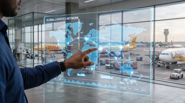 Man pointing at transparent holographic world map showing global logistics routes and flight paths at airport terminal with cargo planes