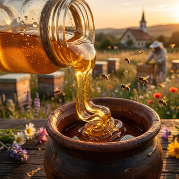 Golden honey pouring into clay pot apiary and meadow at sunset bees flying