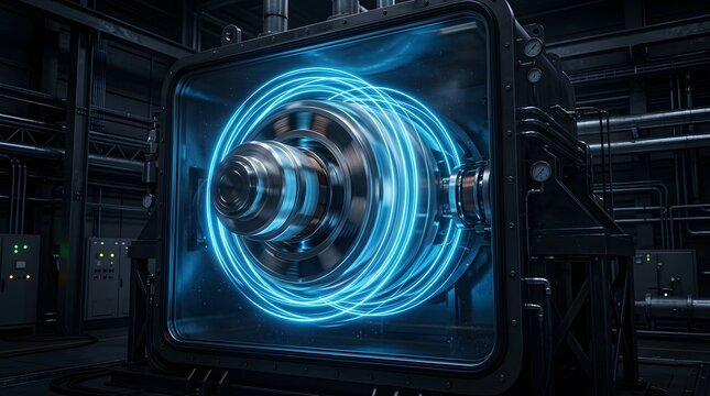 Futuristic magnetic levitation flywheel energy storage system with glowing blue rotor
