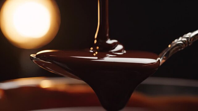 Rich melted dark chocolate pouring onto a silver spoon