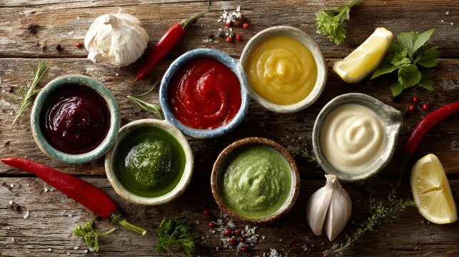 26.Assortment of different tasty sauces in small ceramic bowls arranged on rustic wooden table, vibrant colors ranging from deep red to bright green and creamy white, scattered fresh ingredients like
