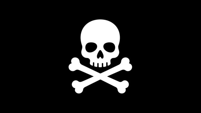 Skull and crossbones animated pulsing pirate flag death symbol in 4k black background