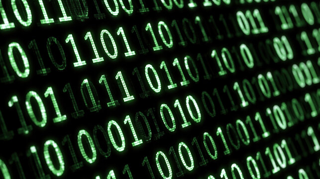 Green binary code on black background creates glowing digital pattern evoking cybersecurity, data processing, and computer technology