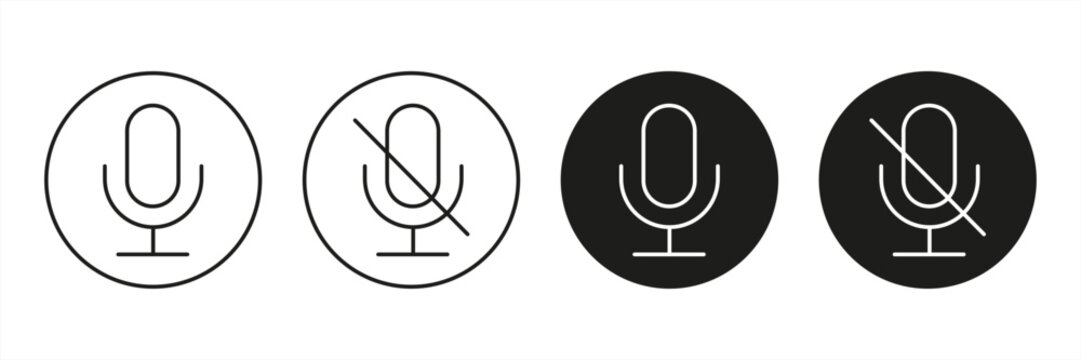 A microphone icon set featuring muted and active audio states in an outline style. Suitable for video calls, voice recording, and call feature designs in web and app interfaces. vector illustration