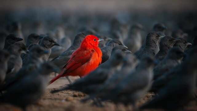 Vibrant Red Bird Stands Out among Flock of Gray Birds on Earthy Ground Cinematic Wildlife Scene
