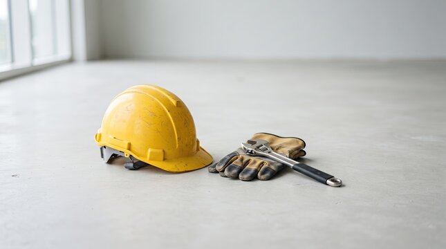 Construction helmet and work gloves lying on a concrete floor in an empty room