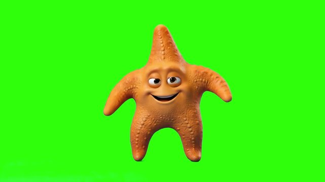 Cute 3D animated orange starfish character with a smiling face over a chroma key green background. Perfect for children marine animation, ocean environmental ads, mobile game assets, summer promos, an