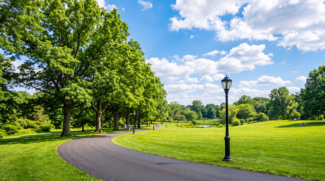 Natural Scenic Public Park Pathway With Lush Green Trees Landscape