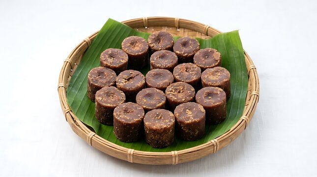 Traditional thai dessert made of sticky rice and coconut milk wrapped in banana leaves on bamboo tray
