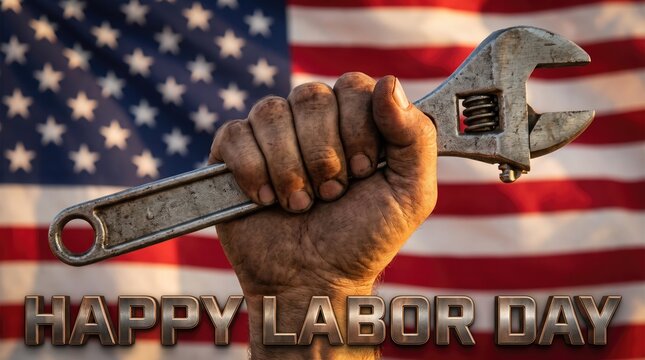 Labor day concept with a wrench held in a hand against an american flag background