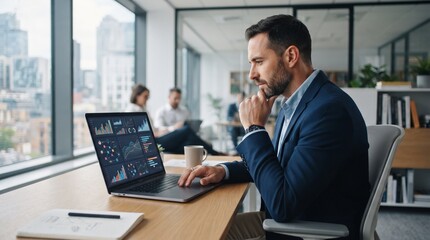 Obraz premium Professional man analysing career development charts on laptop in modern office