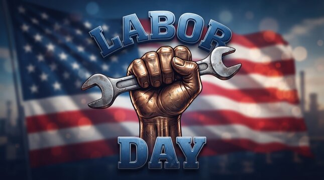 Powerful robotic hand clenching a fist against a blurred american flag background