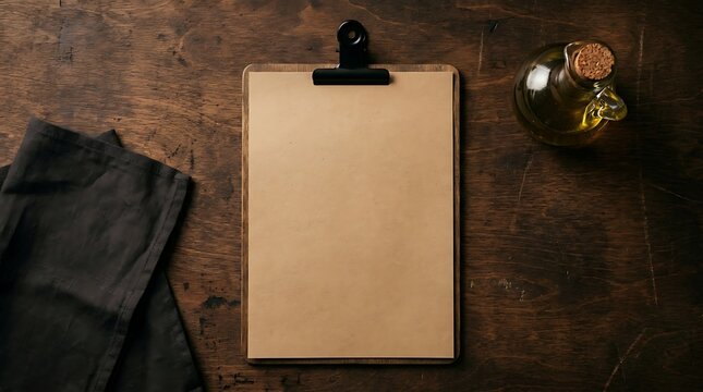 Blank clipboard with kraft paper on a rustic wooden table with olive oil bottle