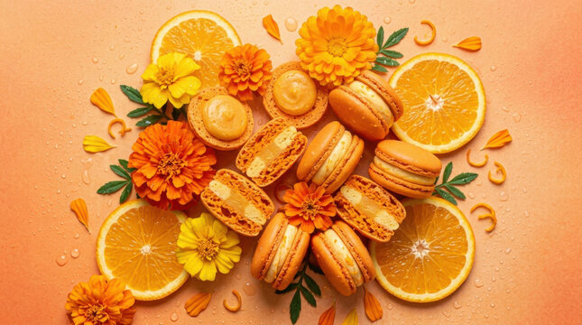 Flat lay of orange macarons with fresh citrus slices and marigold flowers representing sweet French pastry dessert, refreshing summer flavor, and vibrant tropical snack.