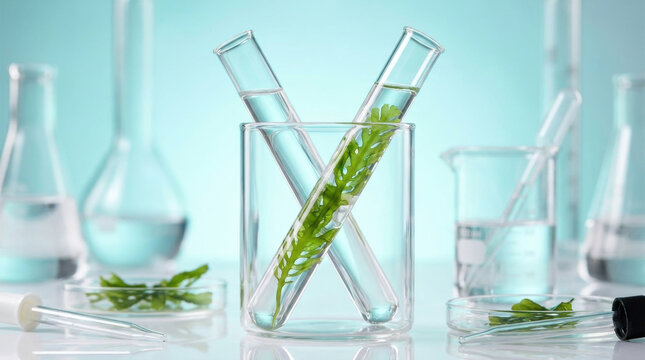 Laboratory glassware with green seaweed algae and clear liquid representing marine biotechnology research, organic ocean skincare, and pure aquatic science.