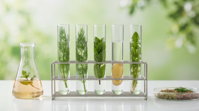Test tubes filled with fresh herbs and ginger root representing natural botanical pharmacy, organic herbal medicine extraction, and clinical plant science research.