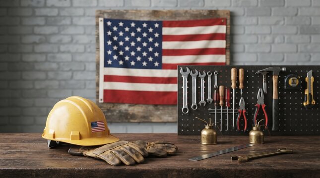 Yellow hard hat and work gloves on a workbench with tools and an american flag background
