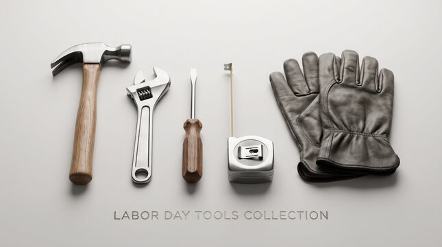 Essential hand tools including hammer wrench screwdriver and work gloves on a white surface