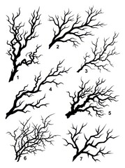 Obraz premium Collection of Seven Gnarled Bare Tree Branch Silhouettes Isolated on White Background for Design