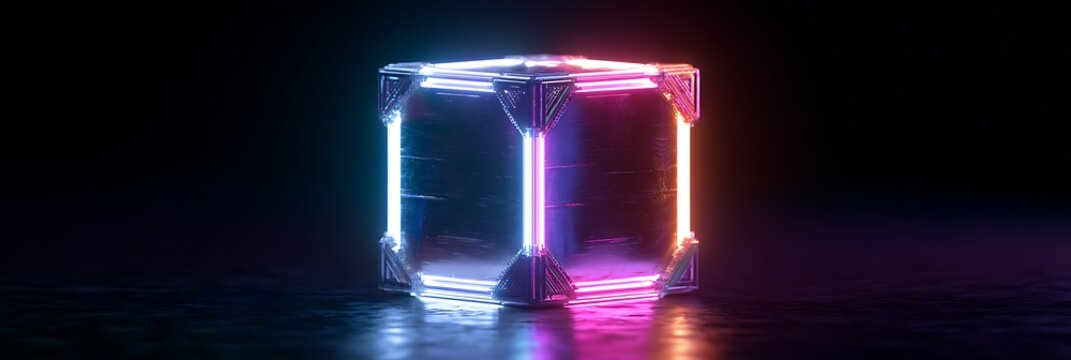 Glowing neon cube with metallic edges floating in dark space