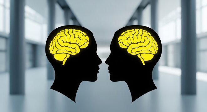 Two heads with brains facing each other illustration