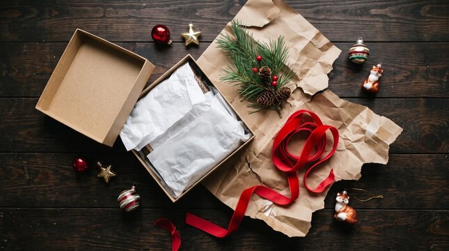 Open eco friendly craft gift box with red velvet ribbon on dark wooden table for Christmas Day and Boxing Day