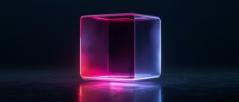 Glowing glass cube featuring vibrant neon pink and blue lighting effects