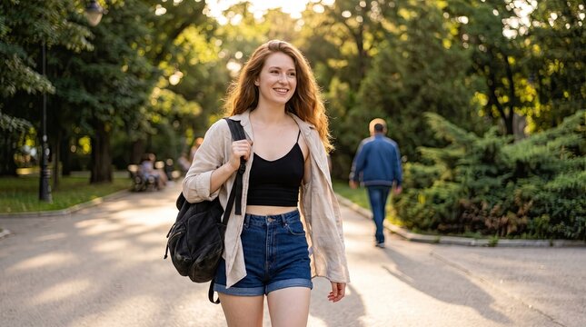 A smiling young woman with curly hair walking through a sunny park carrying a backpack
