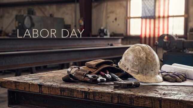 Labor day concept with a white hard hat and work tools resting on a rustic wooden workbench