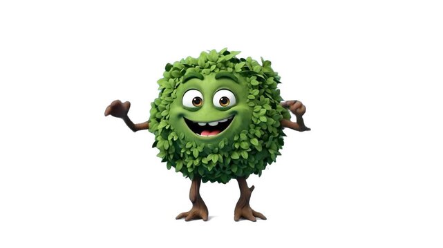 Playful 3D animated green bush monster character with leaves and limbs dancing happily over a plain white background. Great for nature conservation promos, eco-friendly branding, kids game assets, gar