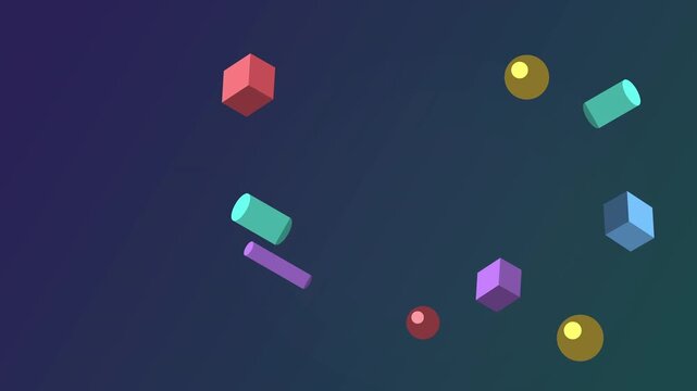 Loop animation of colorful geometric shapes cubes cylinders spheres in chaotic motion abstract background