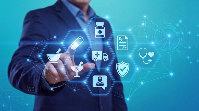 Healthcare management Businessman touching digital medical and pharmacy icons on a virtual interface, Futuristic healthtech concept