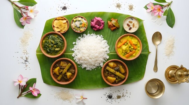 Traditional south indian festive meal served on a banana leaf with rice, assorted vegetable curries, side dishes, and a brass lamp on a white background
