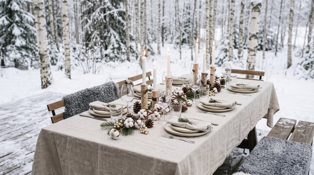 Minimalist Scandinavian outdoor winter dinner table in snowy birch forest for Christmas Solstice
